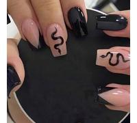 Shein ¡Mejora tu aspecto ahora! 24 piezas de arte de uñas con impresión de bloque de color negro y serpiente, incluye uñas decorativas y 1 pieza de cinta de