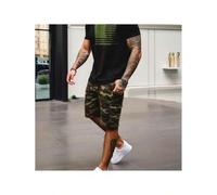 Shein Men's 220g Heavyweight Cotton T-Shirt - Black with Green Flag Camo Shorts & White Sneakers, Loose Fit Breathable Summer Casual Tee, Made in USA, P