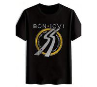 Shein Men'S Black Bon Jovi Graphic T-Shirt - "Slippery When Wet" Design, Short Sleeve, Round Neck, Casual Summer Top, Lightweight Polyester, Ideal For Rock