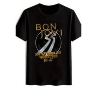 Shein Men'S Black Bon Jovi Slippery When Wet Tour 86-87 Graphic T-Shirt - Casual Crew Neck, Short Sleeve, Summer Polyester Tee With White & Golden Print, Ro