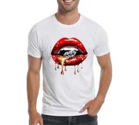 Shein Men's Black Cotton T-Shirt with Red Lips & Diamond Print - Casual Summer Tee for Casual Attire, Machine Washable, Round Neck, Short Sleeve, Outdoo