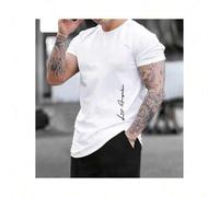 Shein Men's Casual Cotton T-Shirt with "J.S. 1977" Black Handwriting Print, Crew Neck, Short Sleeve, Lightweight & Breathable Knit Fabric, Regular Fit - All