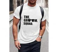 Shein Men'S Casual Crew Neck T-Shirt - "The Groom Squad" Print, Short Sleeve, Polyester Knit Fabric, Regular Fit, Summer Top for Going Out - H , 150gsm Tee