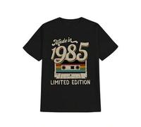 Shein Men'S Casual Crew Neck T-Shirt with 1985 Vintage Tape Design - "Made in 1985" & "Limited Edition" Print, Black Cotton, Summer Gift for Him, Casual Sum