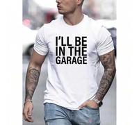 Shein Men's Casual Crew Neck T-Shirt with "I'll Be In The Garage" Print - Knit Fabric, Geometric Pattern, Regular Fit, Short Sleeve - Summer Wear Pullover