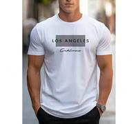 Shein Men'S Casual Crew Neck T-Shirt with Los Angeles Print, 95% Polyester 5% Elastane, Slight Stretch Knit Fabric, Regular Fit, Summer Fashion Top - Tee F