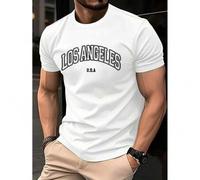 Shein Men'S Casual Crew Neck T-Shirt with Los Angeles Print, Polyester 95% Elastane 5% Knit Fabric, Slight Stretch, Geometric Pattern, Summer Top, Regular F