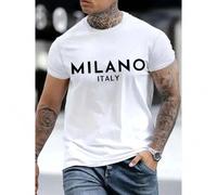 Shein Men's Casual Milan Italy Graphic T-Shirt - Soft Cotton, Relaxed Fit, Round Neck, White with Bold MILANO ITALY Print, Perfect for Summer/Autumn Outings