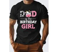 Shein Men's Casual Short Sleeve T-Shirt - Dad Of The Birthday Girl Cute Cow Print Design, Relaxed Fit Round Neck, Black With Pink & White Text, Summer Outdo