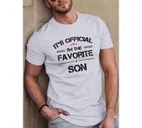 Shein Men's Casual Short Sleeve T-Shirt, "It's Official I'm the Favorite Son" Print, Polyester, Regular Fit, Summer Fashion Top, Round Neck, Geometric Desig