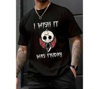 Shein Men'S Cotton T-Shirt with "I Wish It Was Friday" Print, Casual Crew Neck, Short Sleeve, Slight Stretch, Knit Fabric, 180gsm, for Hiking &
