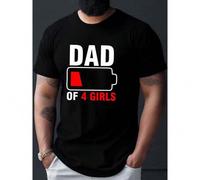 Shein Men's "Dad Of 4 Girls" Graphic T-Shirt - Casual Short Sleeve Round Neck Tee With Battery Icon Design, Machine Washable Summer Top For Fathers, White,