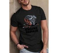 Shein Men's Engine Repair Graphic Print T-Shirt -Casual Short Sleeve Tee with Automotive Design, Lightweight Summer Top, Regular Fit, Machine Washable, Mech