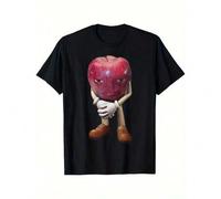 Shein Men's Funny Apple Face Printed Cotton T-Shirt, Casual Round Neck, Regular Fit, Summer Knitted Fabric T-Shirt With Appliqué DetailsSummer New Casual Fa