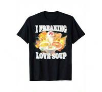 Shein Men's 'I Freaking Love Soup' Cat Graphic Tee - Casual & Comfy Cotton T-Shirt, Short Sleeve, Round Neck, Relaxed Fit, Fun Food-Themed Design, Perfect F