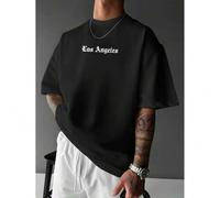 Shein Men's Los Angeles Graphic Street T-Shirt - Geometric Angel & Lightning Bolt Print, 100% Cotton Blend, Loose Fit Crew Neck Short Sleeve Summer Ca