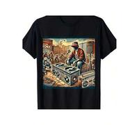 Shein Men's Retro DJ Hip-Hop Graphic T-Shirt | 100% Cotton, Vintage Music Party Design with Turntables & Speakers, Short Sleeve, Black, Casual Streetwea