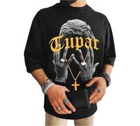 Shein Men's Soft & Comfortable Graphic Tee Classic Black T-Shirt with Artistic "Tupac" Print Cross Necklace Design & Golden Lettering Perfect for Ca