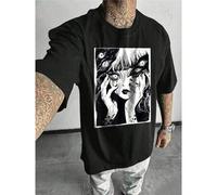 Shein Men's Stylish Casual Cotton TShirt, Featuring Unique Black & White Anime Girl Graphic Print, Perfect For Everyday Wear, Ideal For Teens & Young Adults