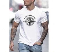 Shein Men'S Summer Casual Crew Neck T-Shirt, Polyester 100% Knit Fabric, Slight Stretch, Regular Fit, Short Sleeve with "Not all wandering people are lost"