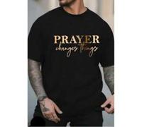 Shein Men's T-Shirt with Prayer Changes Things Print & Golden Cross Design - Soft Breathable Round Neck Casual Tee, Machine Washable