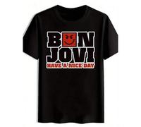 Shein Men's Vintage Rock Band Graphic T-Shirt - Bon Jovi "Have A Nice Day" Retro Music Tee, 100% Polyester Lightweight 180gsm, Black Casual Short Sleeve Rou