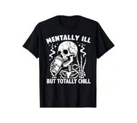 Shein Mentally Ill But Totally Chill Skeleton Halloween Coffee T-ShirtWomen's Outdoor Short Sleeve Casual Summer Party Casual T-Shirt Printed T-Shirts-MZCN