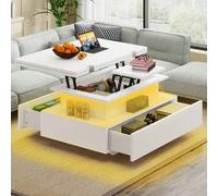 Shein Mesa de centro BALCONERA de altura regulable, alto brillo, con 2 cajones, iluminación LED y compartimento oculto, convertible en mesa de comedor para