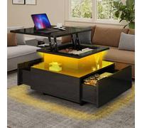 Shein Mesa de centro de alto brillo con superficie de trabajo elevable - 60x60x45cm, tira de luz LED y 2 cajones, mesa cuadrada de madera moderna para sala