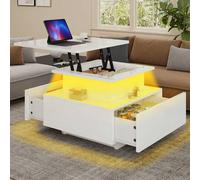 Shein Mesa de centro de alto brillo con superficie de trabajo elevable - 60x60x45cm, tira de luz LED y 2 cajones, mesa cuadrada de madera moderna para sala