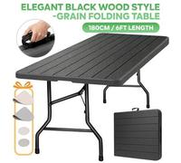 Shein Mesa de Jardín Plegable 180x74cm, Mesa de Camping Exterior para 6 Personas, Negra con Tablero de Plástico Aspecto Madera, Estructura Metálica, Capacid