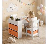 Shein Mesa de juegos infantil y 2 sillas con almacenaje, 8 cajas de tela, bloques de construcción, mesa de actividades para niños a partir de 3 años, blanco