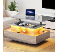Shein Mesa de salón moderna con altura regulable, acabado brillante, tablero elevable, iluminación LED de 16 colores y 2 cajones.