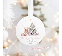 Shein Mi primer adorno de árbol de Navidad de oso de peluche rosa y azul personalizado de cerámica para recién nacidos, unisex, nuevo, 1er Navidad 2025