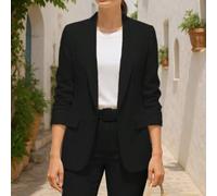 Shein MiMiShopes Blazers ligero Comodo abierta sin botones Liso Elegante Casual Poliéster Bolsillo Fruncido manga arrugada Oficina Noche de