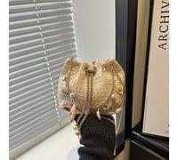 Shein Mini bolso de cubo con cordón de cadena dorada tejida de paja, estilo de moda nuevo, bolso de playa