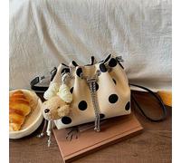 Shein Mini bolso de mujer de diseño vintage chic de nicho, bolso cubo premium de gran capacidad con cordón y estilo holgado en lunares clásicos blanco y neg