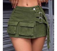 Shein Minifalda de mezclilla casual para mujer con diseño de cinturón, minishorts de elasticidad media con cremallera, bolsillos convenientes, cómodos y aju
