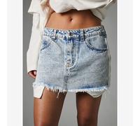 Shein Minifalda de mezclilla con lavado ácido, dobladillo deshilachado, panel de tela mixta, cintura baja, corte en A, estilo de festival de verano y vacaci