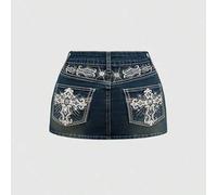 Shein Minifalda vaquera de talla grande con cruce bordado con alas y brillo en estilo vintage Y2K