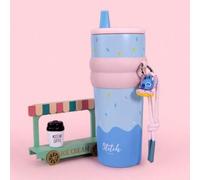 Shein MINISO Disney Stitch Food Party Series Taza de acero con doble capa y pajita con diseño de donut de 800ml/27.05oz. Esquema de color azul y rosa, impre