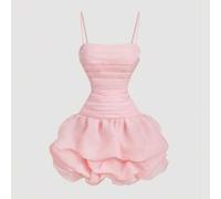 Shein Minivestido de organza rosa suave con bajo abullonado y fruncido para mujer, ideal para fiestas de verano al estilo Mama Mia, fiestas rave, festivales