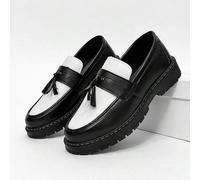 Shein Mocasines casuales de suela gruesa para hombres, color negro sólido, zapatos náuticos duraderos para estudiantes, zapatos Oxford formales con borlas,
