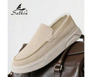 Shein Mocasines tipo slip-on de diseño minimalista para hombre, de ante suave, con plataforma gruesa, lujo silencioso, cómodos, punta redonda, estilo mocasí