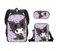 Shein Mochila, bolsa de almuerzo y estuche de lápices con impresión 3D completa de Kuromi de Sanrio, 3 piezas, mochila escolar primaria, bolsa escolar de an