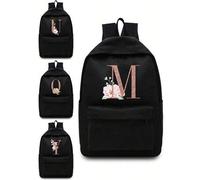 Shein Mochila de lona de gran capacidad, patrón de letras en oro rosa, iniciales de nombre personalizables (A-Z), unisex, mochila escolar para exteriores, b