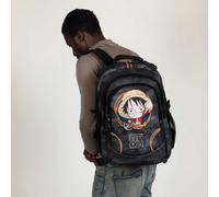 Shein Mochila escolar de dos compartimentos con diseño de Luffy de One Piece en color negro, de 31x44x18cm