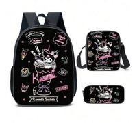 Shein Mochila escolar primaria, bolsa de almuerzo y estuche de lápices con impresión 3D completa de Kuromi de Sanrio, 3 piezas, diseño de anime Kawaii y de