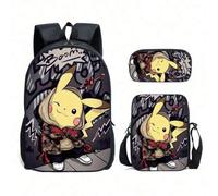 Shein Mochila, estuche de lápices y bolso bandolera de 3 piezas con diseño impreso en 3D de Pokémon Pokekachu, de poliéster, cómodo y con reducción de carga