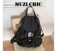 Shein Mochila pequeña negra a cuadros con cordón, parche de letra y bolsillos laterales con cremallera doble, bolsa escolar casual de nailon ligero, artícul